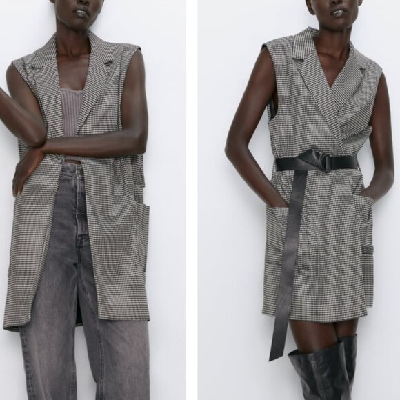 Zara Long Houndstooth Vest Pockets Belt Loops Size Large - Picture 1 of 11